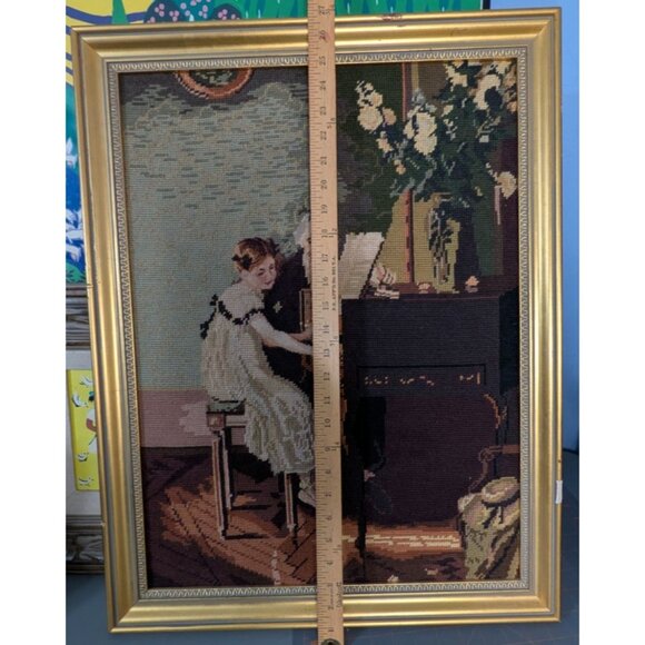 Vintage Needlepoint Tapestry Framed Art Piano lesson - Picture 10 of 16